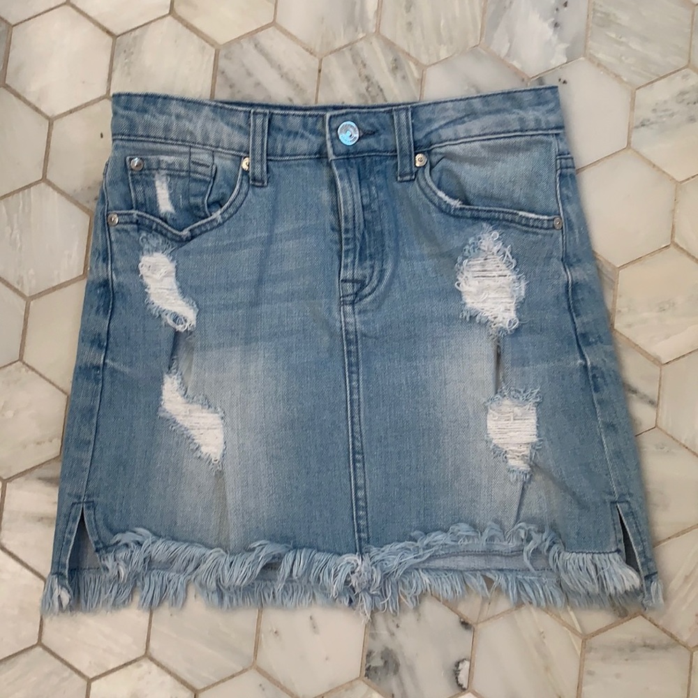 7 For All Mankind Distressed Jean Denim Skirt